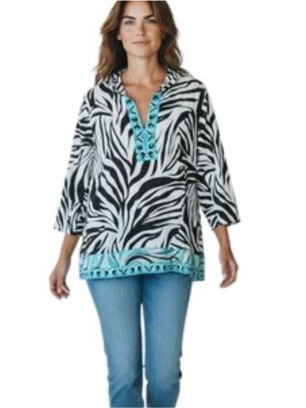 JM Collection Womens Linen Zebra Tunic Top Size 2X 3/4 Sleeve Artsy Vacation